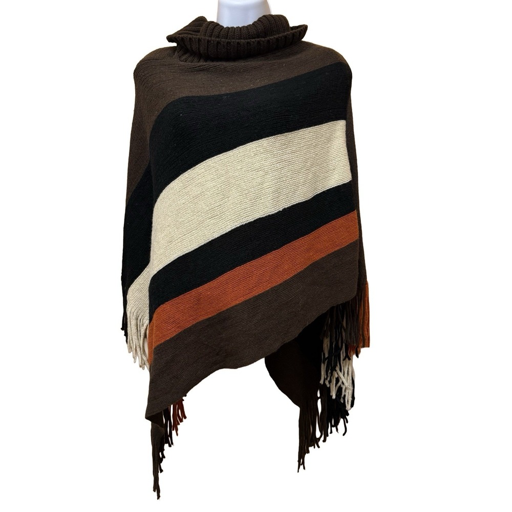 Brown Color Block Turtleneck Poncho Fringed Edges Boho Knit K4832 OS
